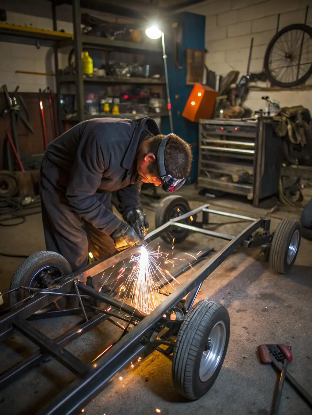 A photo of a WarlocksCollision technician using advanced welding equipment to repair a car frame in the Aurora, Ontario shop.