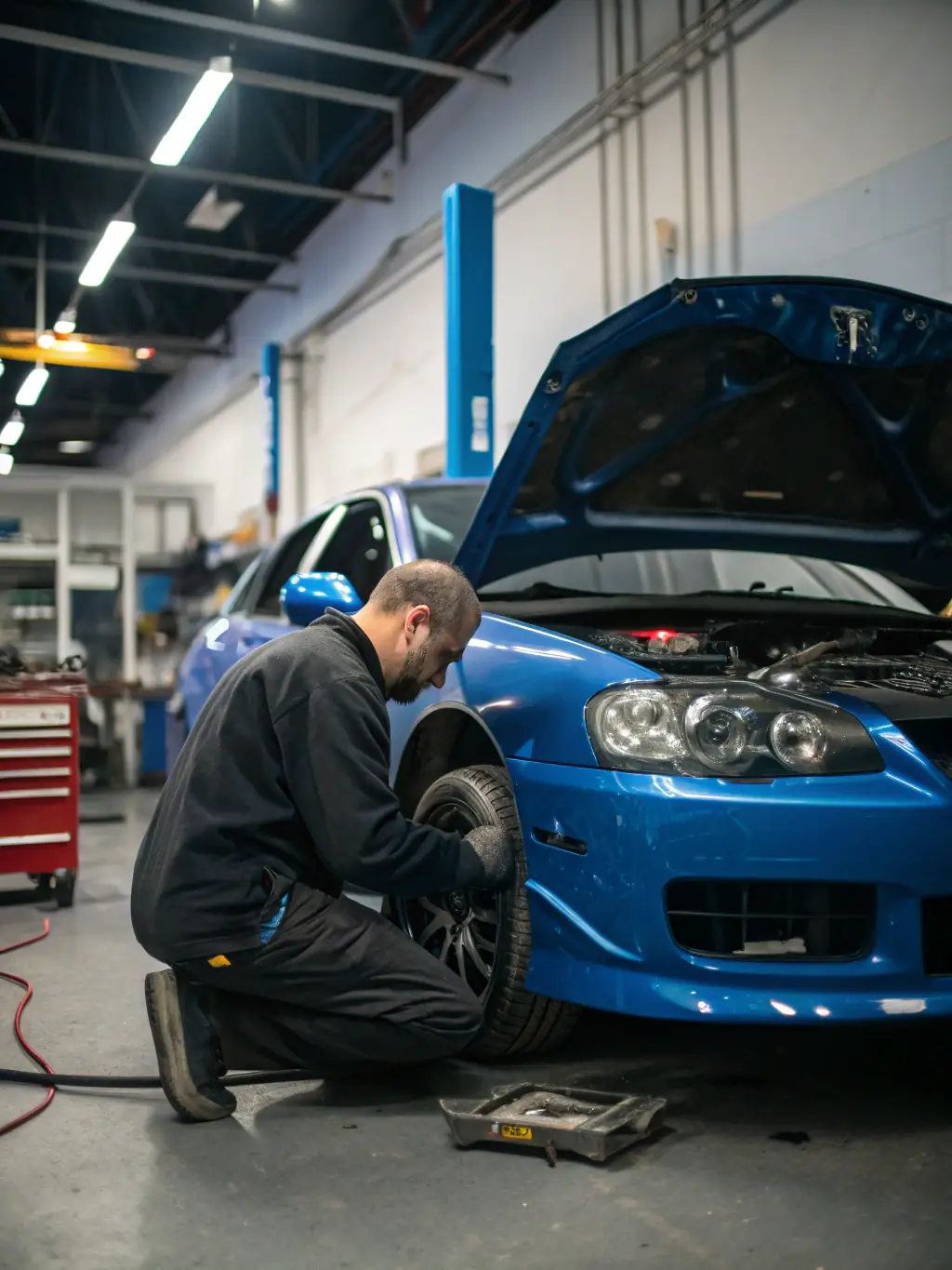 A photo of a car with significant collision damage being assessed by a WarlocksCollision technician in the Aurora, Ontario shop.
