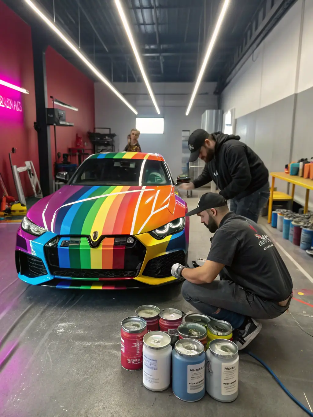 A photo of a car being painted in WarlocksCollision's paint booth, showcasing the color-matching process in Aurora, Ontario.