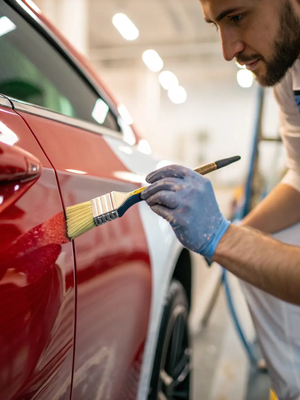 A high-resolution image of a WarlocksCollision technician expertly matching paint on a car panel, highlighting the precision of their color matching process.