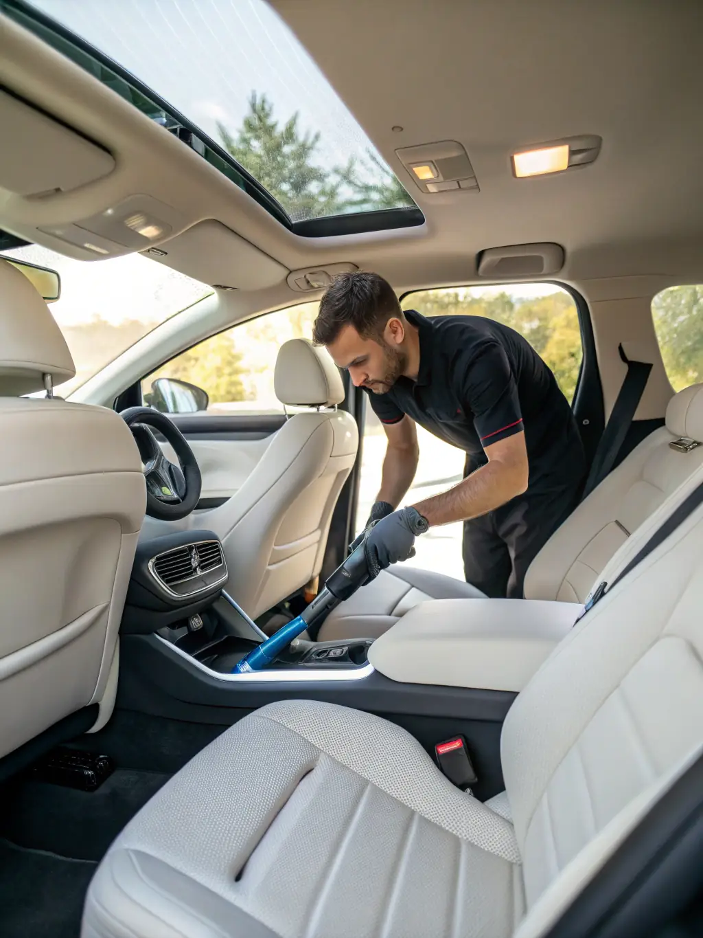 A photograph showcasing the interior of a car being meticulously detailed by a WarlocksCollision employee, emphasizing cleanliness and care.