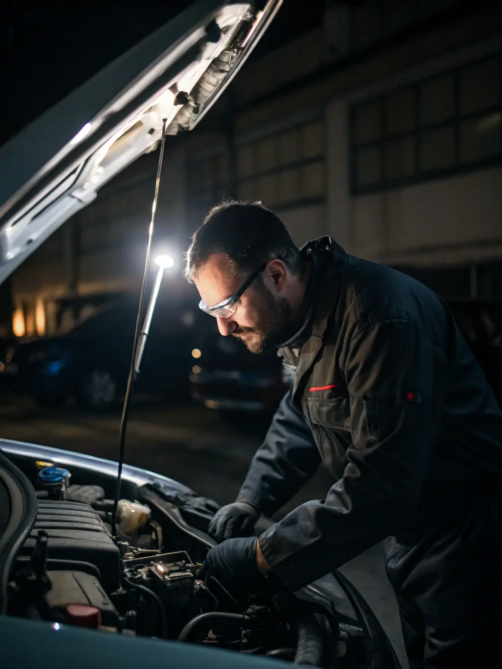 A photograph of a mechanic at WarlocksCollision performing a detailed engine diagnostic test with specialized equipment.